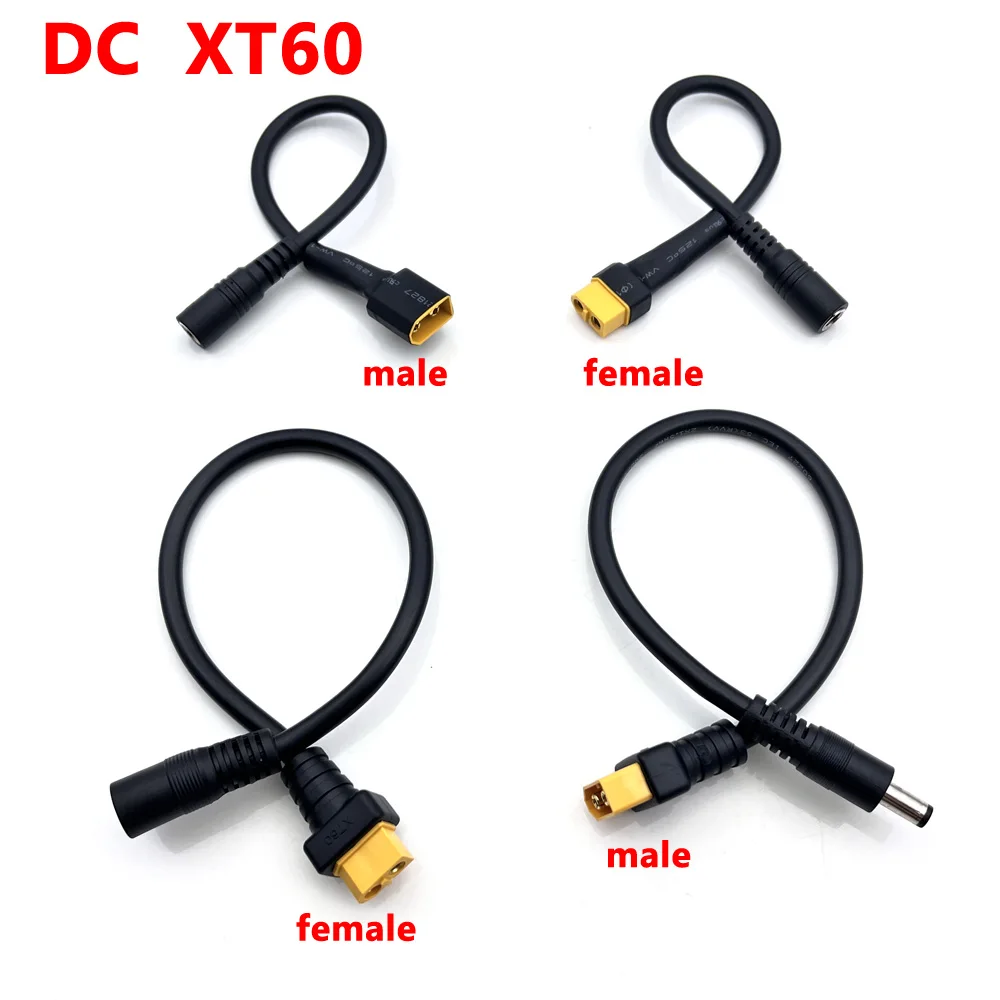 Connecteurs XT60 mâle et femelle en cuivre doré, câbles 15AWG et 18AWG, vue détaillée.