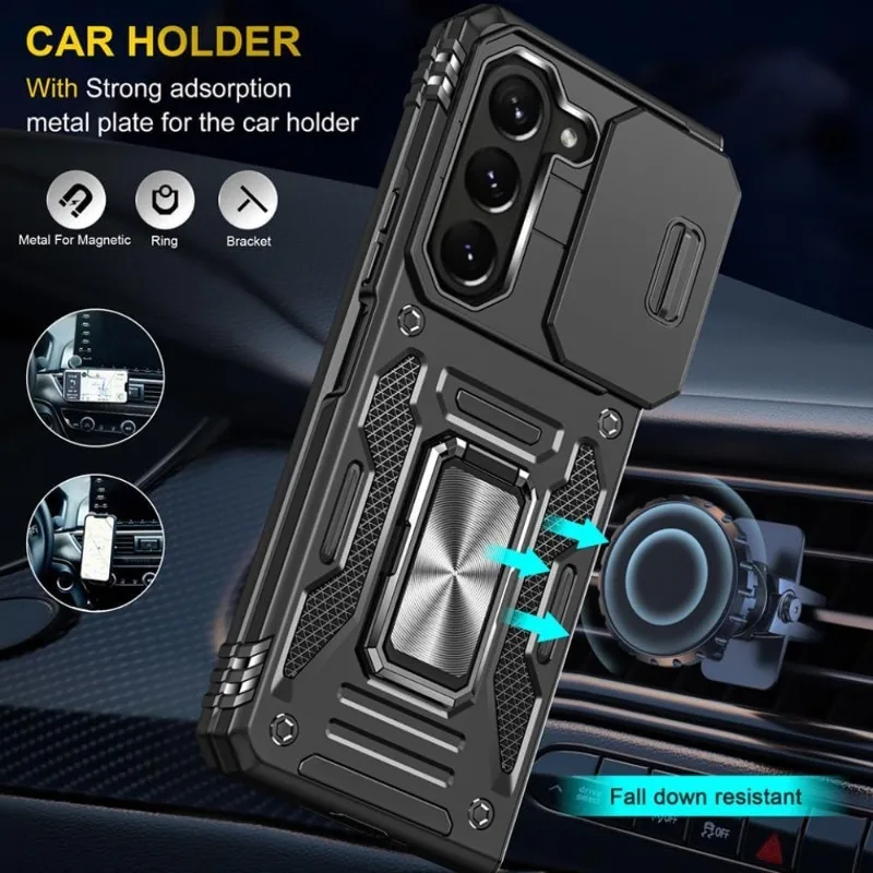 Military Armor Slide Lens Phone Case with Ring Stand and Magnetic Holder - Anti-Drop Protection Cover