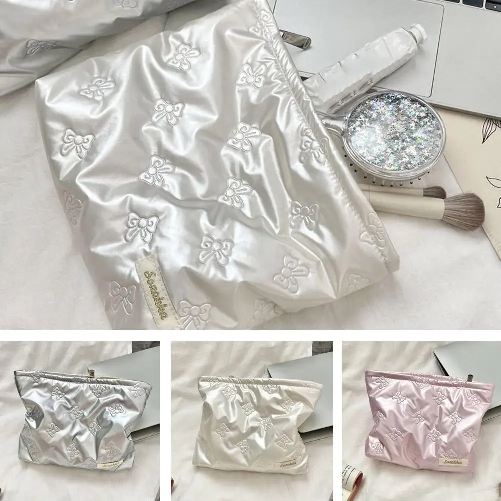 Bow Print Quilting Cosmetic Bag Hand-held PU Korean Style Makeup bag Handbag  Makeup Bags Multifunctional Storage Bag