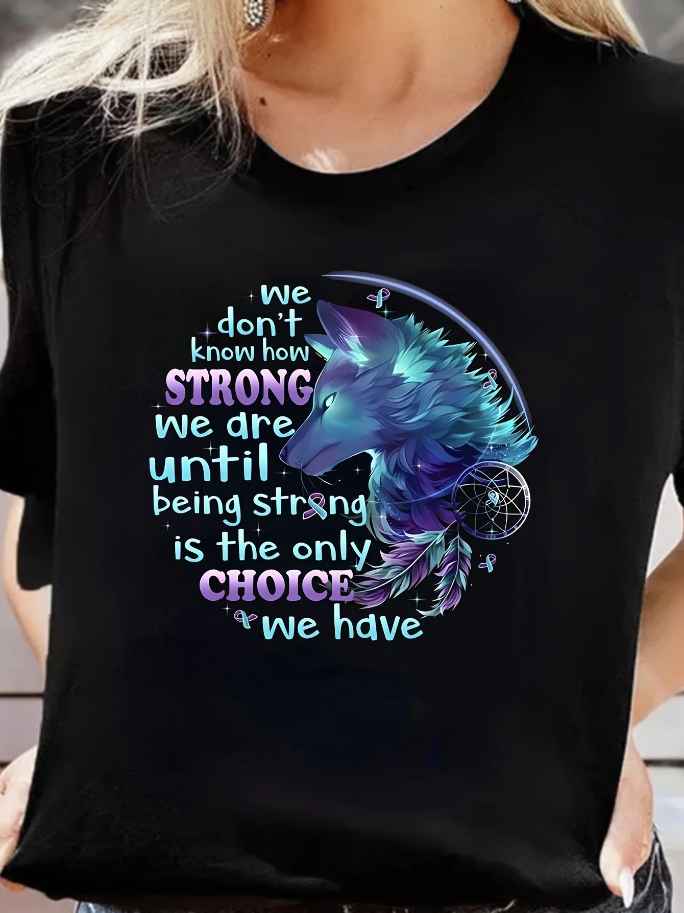 

Women's Letter & Wolf Print Short Sleeve T-shirt - Solid Loose Fit Crew Neck Active Comfort Tee