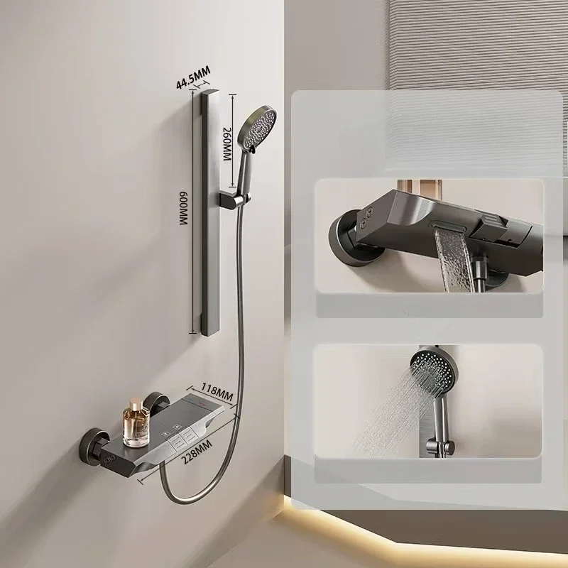 Bathroom Wall Mounted Simple Shower System Piano Key Rainlfall Pressurized Cold Hot Water Shower Faucet Full Set Space Aluminum 3