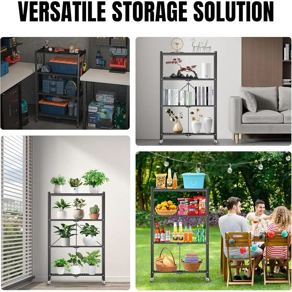 4-Tier Foldable Metal Storage Shelf with Wheels Heavy Duty Organizer Bathroom Kitchen Office Garage Space Saving Display Rack 6