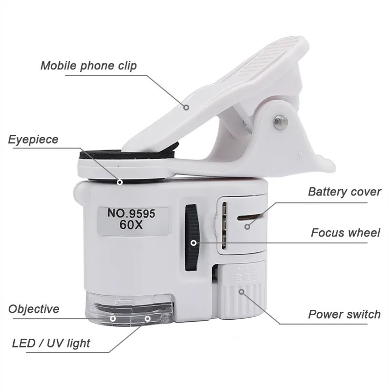 Pocket Microscope Universal Clip 60X LED Jewelry Magnifying Glass Focusing Adjusted with Cell Phone Clip UV Light