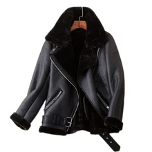 Ailegogo casacos de inverno das mulheres espessura do falso couro pele de carneiro feminino casaco de pele de couro aviador outwear casaco feminino