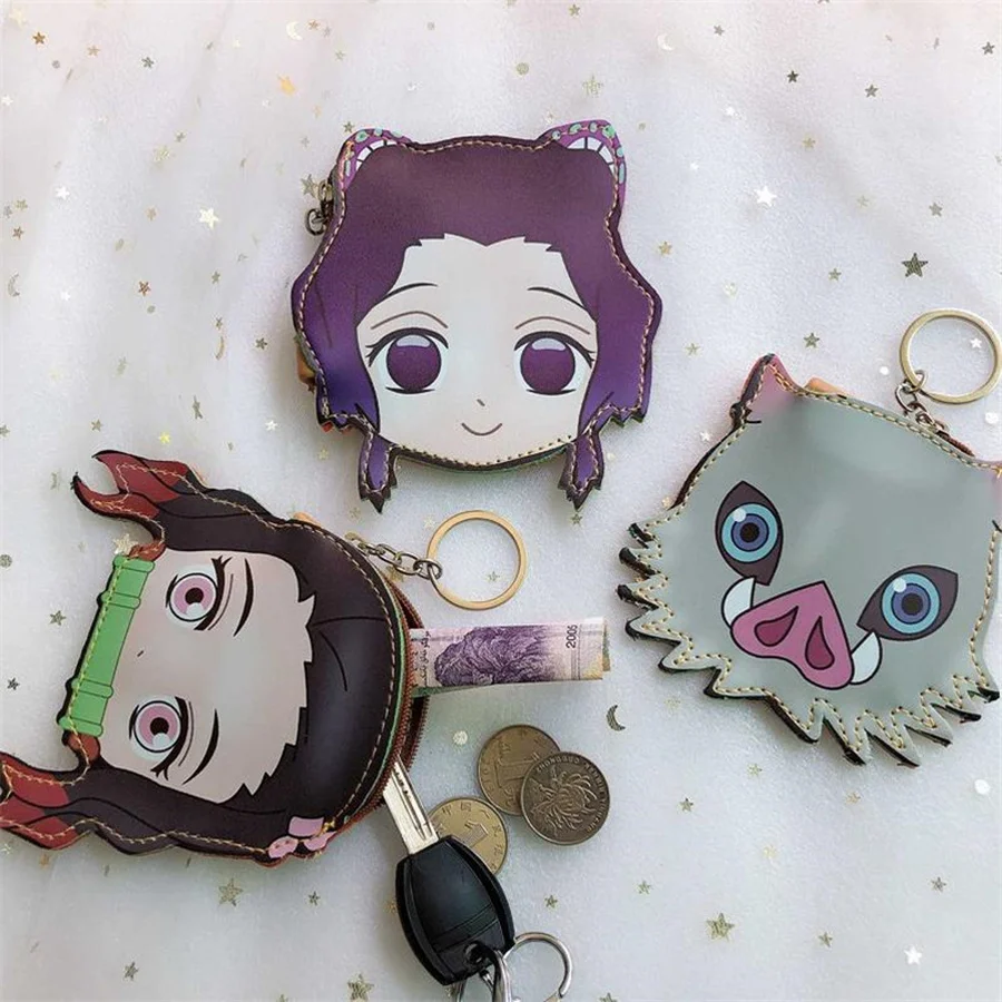 Anime wallet keychain Kimetsu No Yaiba Kamado Nezuko Hashibira Inosuke coin wallet purse keychain PU cartoon wallet key pendant
