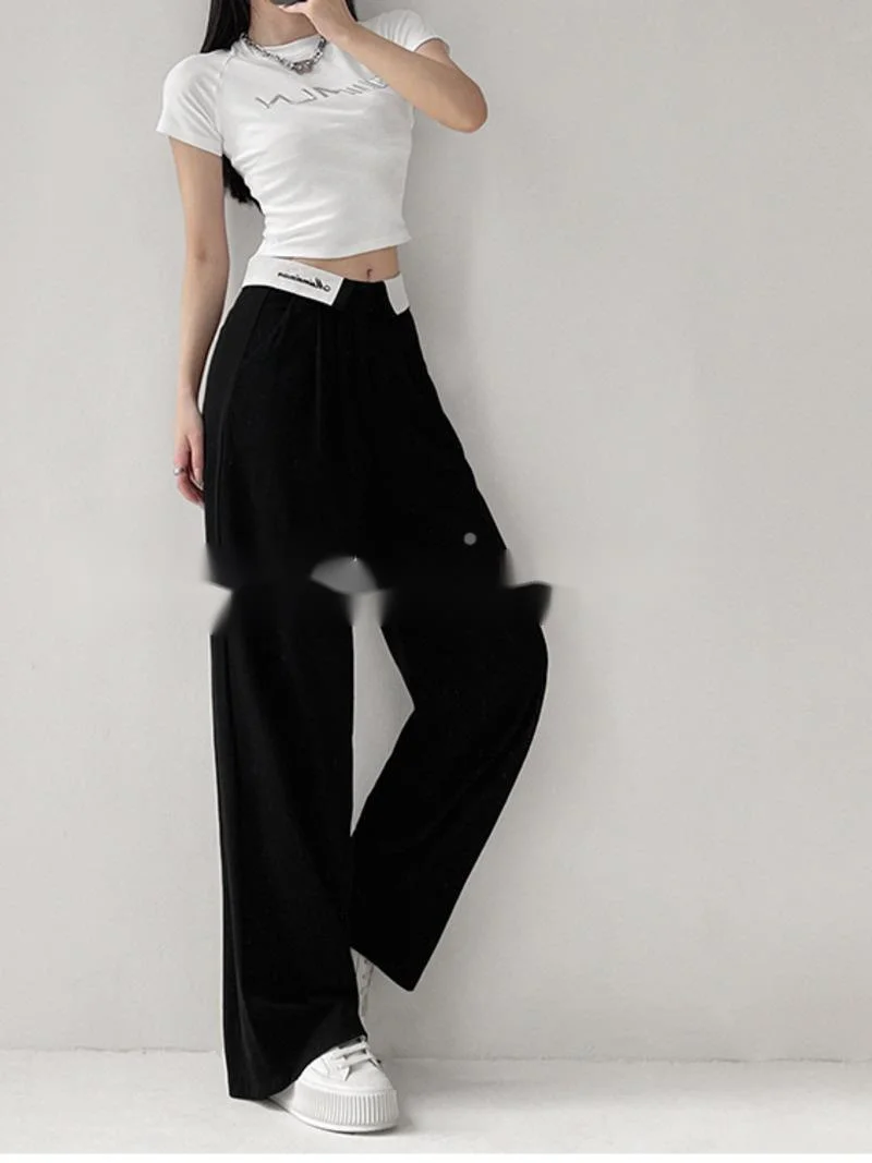 

2023 New TVVOVVIN Girl Flipped Waist Letter Embroidered Drop Feel Suit Pants Women's High Waist Loose Slim Wide Leg Pants VVH9