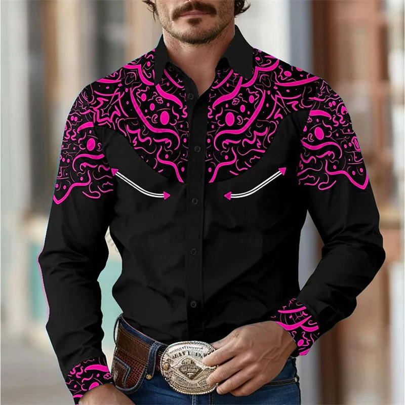 Camisa de hombre estilo occidental retro geométrico para exteriores, informal, de calle, para uso diario, primavera y otoño, con solapa, manga larga, tallas S-5XL, tela elástica