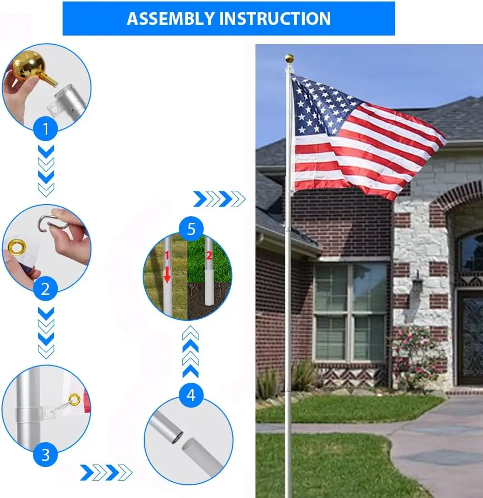 Flag Pole for Outside In Ground, Extra Thick Outdoor Heavy Duty Patio Flagpole with 3x5 American Flag for Commercial Residential