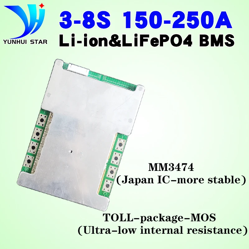 

YUNHUI STAR bms 4s 7s 8s 12v 24v li-ion and lifepo4 lithium Battery protection board 150A 200A 250A with balancing free cable