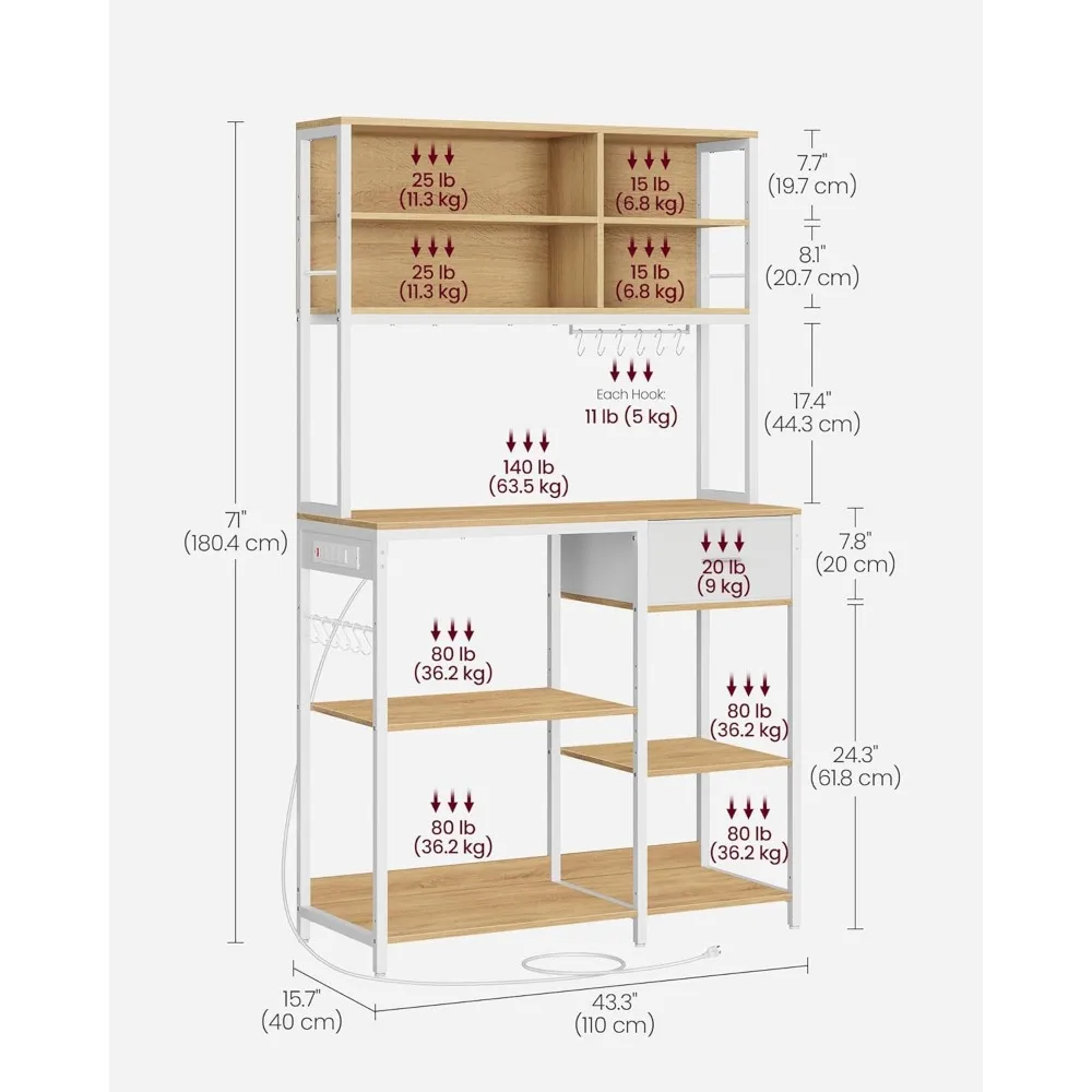 Bakers Rack with Charging Station, Coffee Bar Stand with Adjustable Storage Shelves, Fabric Drawer, 12Hooks, Table for Microwave 3