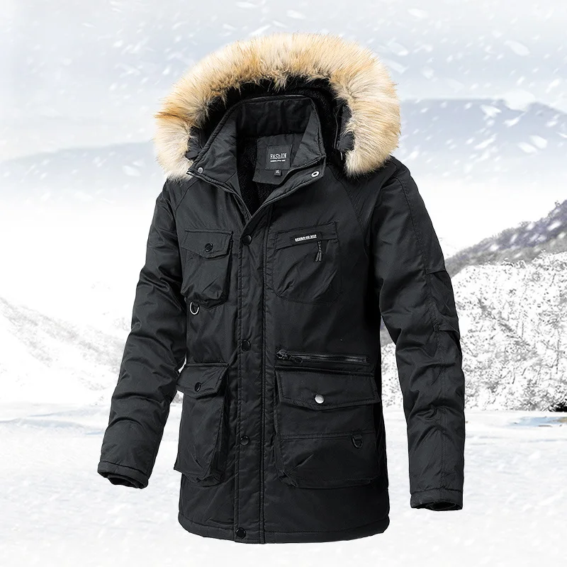 

Мужской утепленный хлопковый костюм с капюшоном, рабочая куртка, теплая куртка с большим шерстяным воротником