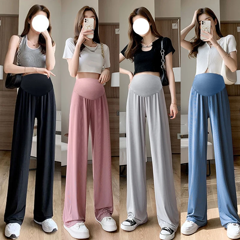 Solid Color Maternity Belly Pants Solid Color High Waist Thin Cool Pregnant  Woman Straight Trousers Long Loose Pregnancy Pants