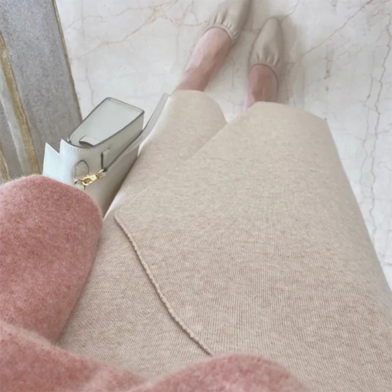 Maternity Fashion Knitted Mid-Length Split Skirt Stylish Outerwear Slimming Autumn Winter Half-length A- Line Skirt for Mommy
