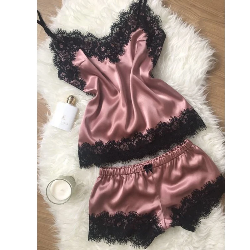 

Sexy Lingerie Bowknot Pyjamas Sleep Shorts Set Sleepwear New Women Pajama suit Fashion V-Neck Stretch Satin Babydoll Lace