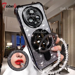 Glitter Plating Makeup Mirror Phone Case with Magnetic Holder and Bracelet Cover - Honor Magic 3 Pro (Black)