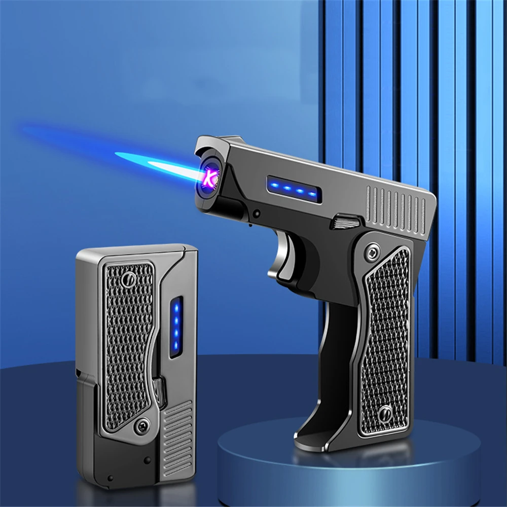 Realistic Foldable Gun Lighter Windproof Plasma Dual Arc Lighter Butane