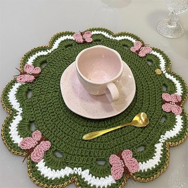New Exquisite Butterfly Placemat Pure Hand-crocheted Tabletop Accessories Round Insulated Coaster