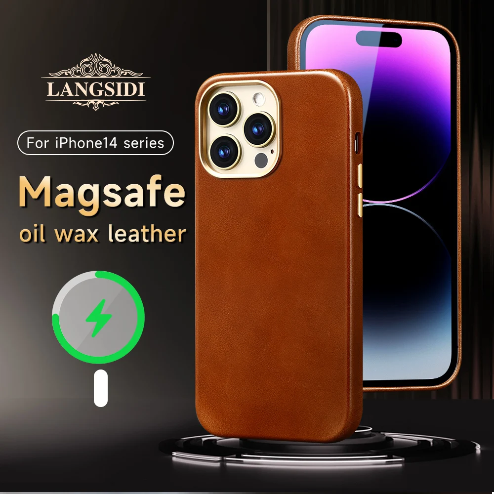 LANGSIDI Retro High Quality Genuine leather Magnetic case For Iphone 14 13 12 pro max 14pro 14 plus Luxury Magsafe case
