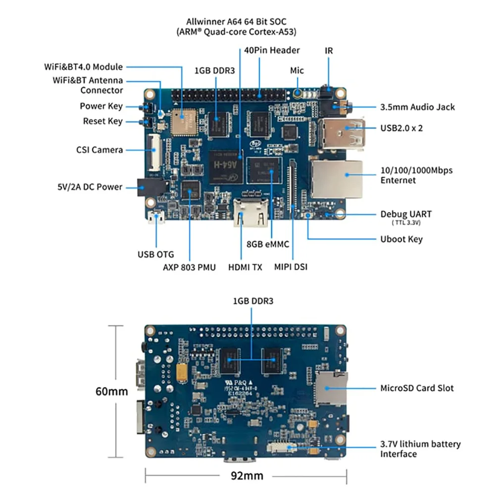 Banana Pi BPI-M64 Allwinner A64 2GB DDR3 8G eMMC 4 Core Processor Motherboard MI