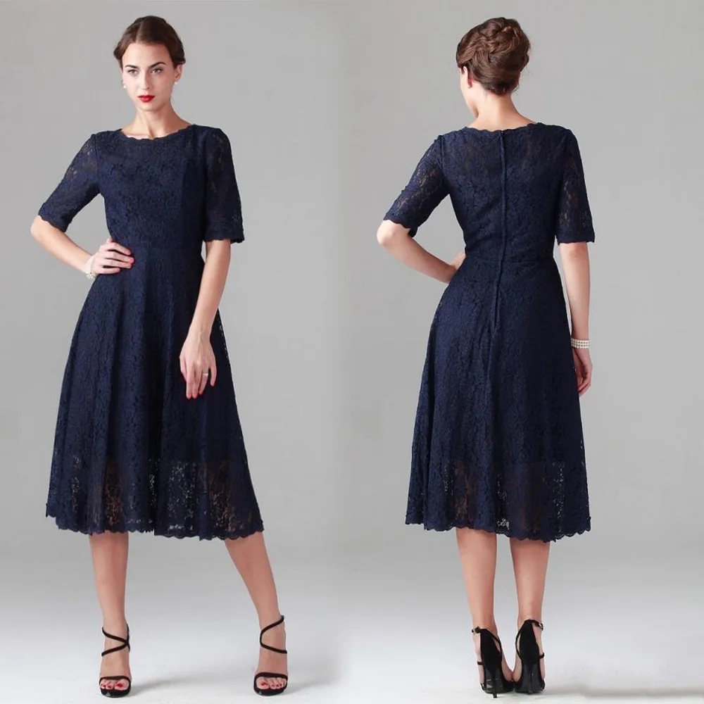 

Navy Blue Mother Of the Bride Dress A Line With Half Sleeve Tea-Length Applique Lace Zipper Plus Size