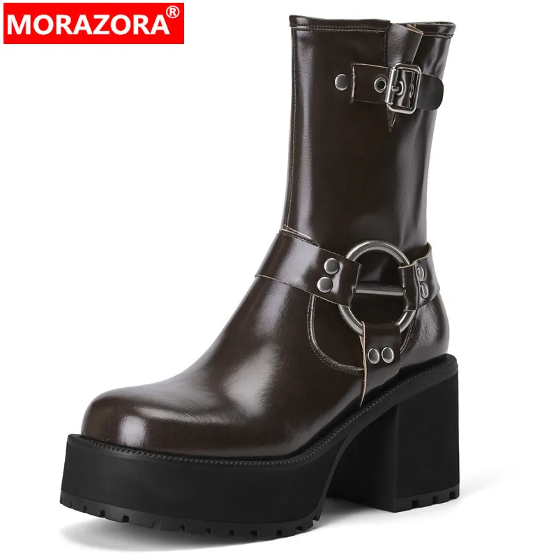 

MORAZORA 2024 New Genuine Leather Round Toe Winter Boots Thick High Heels Zipper Boots Fashion Buckle Platform Mid Calf Boots