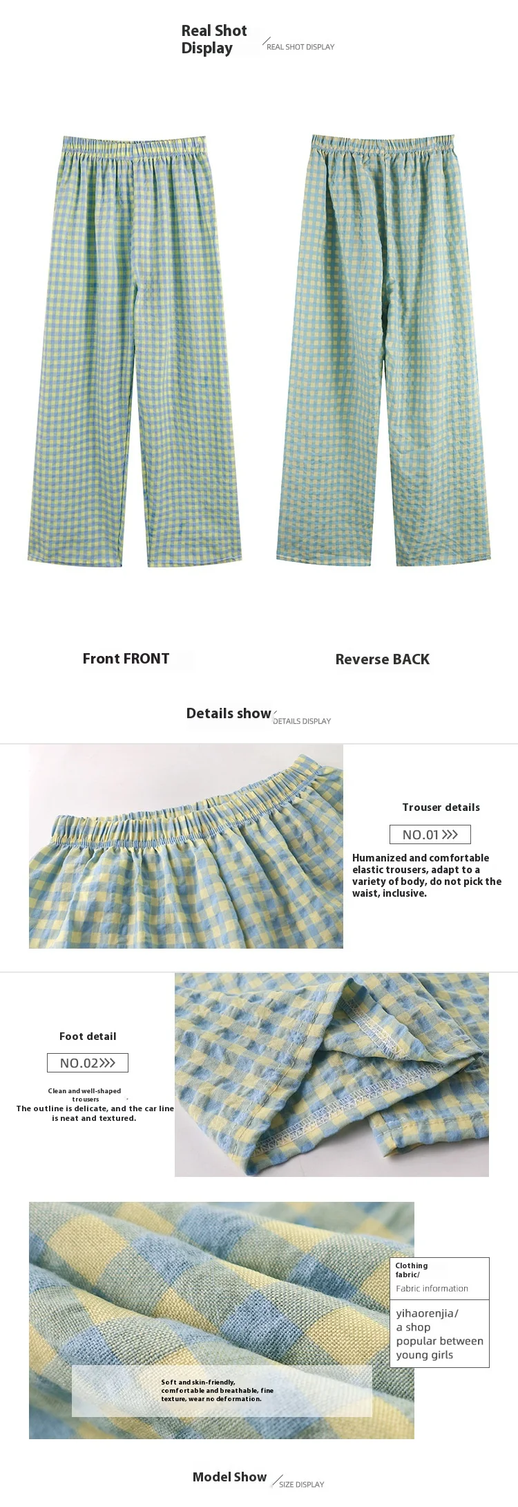 Neue Sommer Lose Plaid Hosen Hosen Hosen Dünne Ins Koreanische Version von Hause Hosen Casual Pyjama Hosen Breitbeinigen Hosen – Detail 3