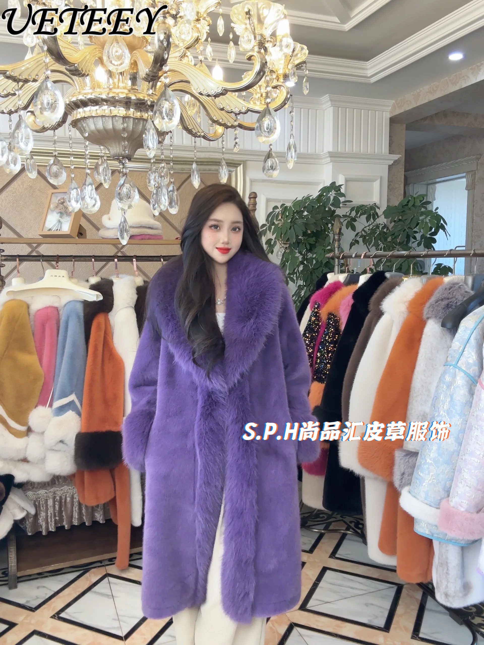 

Winter New Women's Mink Fur Jacket Fox Fur Large Lapel Fur Lining Coat Long Thickened Warm Slimming Western Style Faux Fur Coats