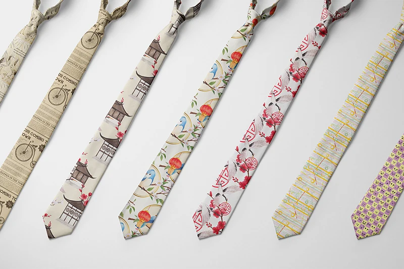 Design New 8CM Men Slim Fit Tie Crane Pattern Printing Fun Casual Fashion Necktie Bar Club Holiday Party Tie Japanese Gravatas