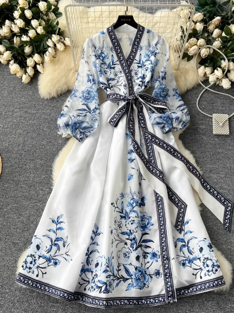 Hikigawa Chic Fashion Women Vintage Print Dresses Summer V Neck Bandage Slim Waist Elegant Lantern Sleeve Long Vestidos Mujer - AliExpress 200000345 Hikigawa Chic Fashion Women Vintage Print Dresses Summer V Neck Bandage Slim Waist Elegant Lantern Sleeve Long Vestidos Mujer - AliExpress 200000345