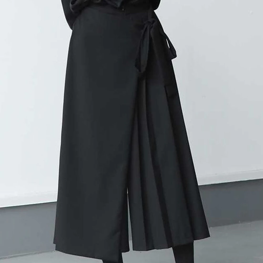 Wide Leg Pants Darkness Versatile Slim Pleated Nine-Point Wide-Leg Pants Unisex Double-Layer High-Waisted Loose Tight-Waisted Straight Culottes