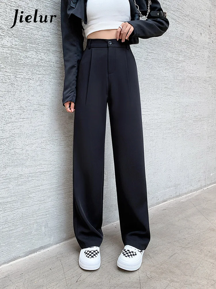 

White Wide Leg Pants Women High Waist Pockets Pants Loose Workwear Office Lady Female Black Trousers S-XL Pantalon