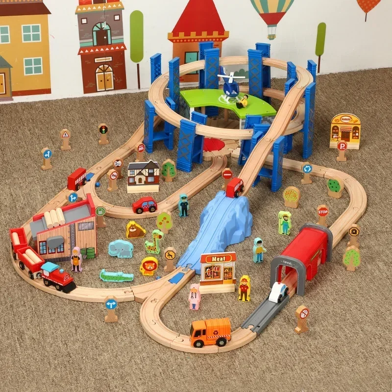 

Wooden Train Track Set Kids Wooden Railway Puzzle Slot Transit Wood Rail Transit Wood Train Railway Electric Toy Trains For Kids