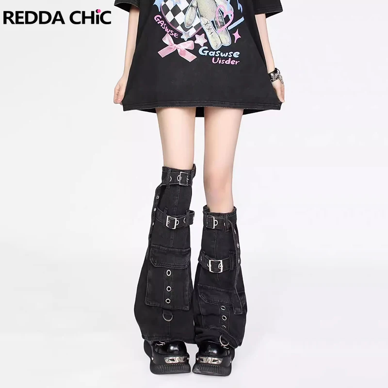 

REDDACHiC Women Big Pockets Cargo Leg Warmers Denim Belted Boots Cover Black Stacked Long Socks Harajuku Grayu Y2k Streetwear