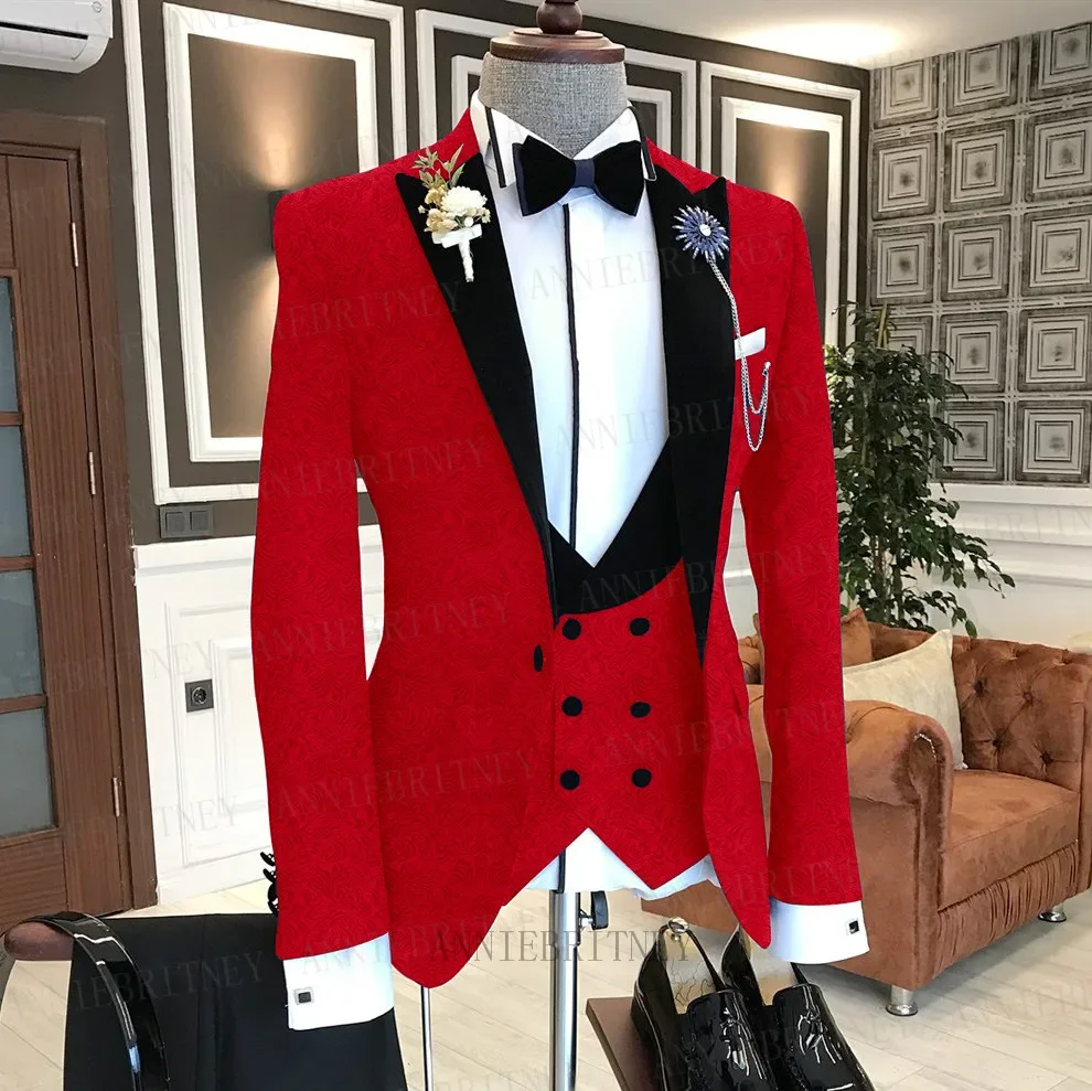 New Business Suit Men 3 Pieces Jacquard Red Jacket Fashion Groom Wedding Suit Tuxedo Blazer Double Breasted Vest with Pants Set