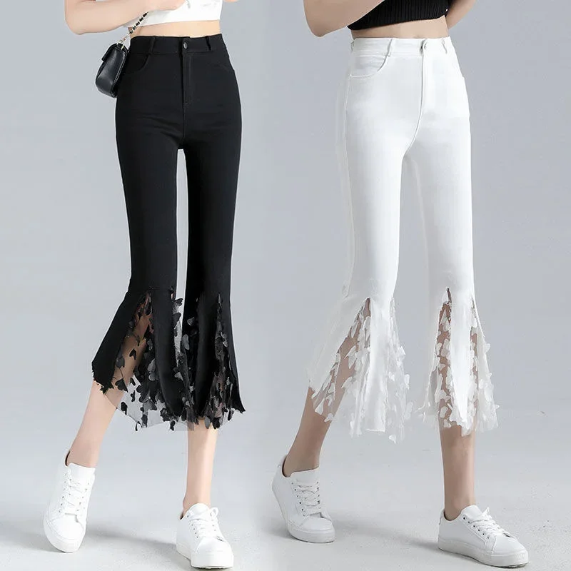 

Korean Fashion Trousers Women Lace High Waist Flared Pants Streetwear Elastic Slim Harajuku Pantalones Capris Mujer