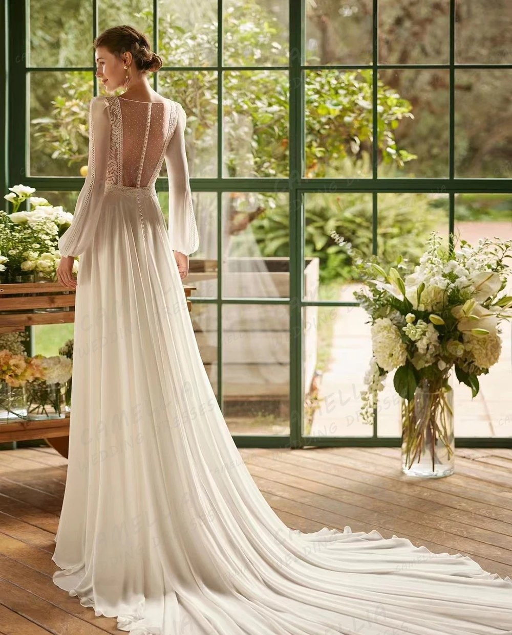 Chiffon Illusion Wedding Dresses A Line Long Sleeve Women's Bridal Gowns V Neck | eBay Chiffon Illusion Wedding Dresses A Line Long Sleeve Women's Bridal Gowns V Neck | eBay