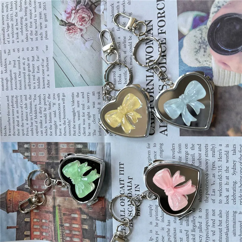 New Heart Shape Bow Folding Mirror Keychain Charm Double Sided Love Cosmetic Mirror Key Holder Y2K Bag Pendant Trendy Decor 3