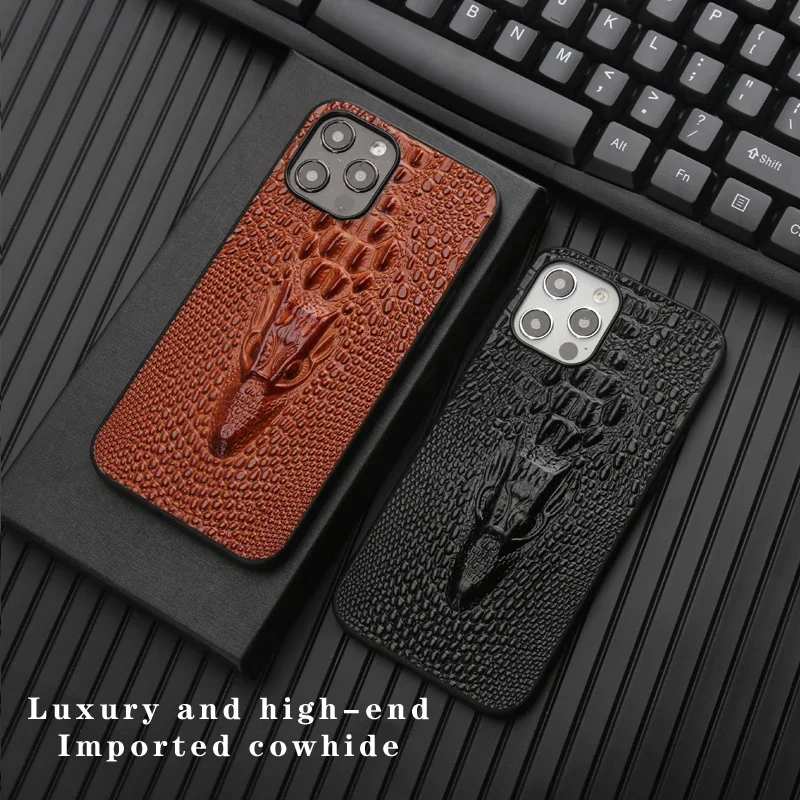 Luxury Genuine Cowhide Leather Case for iPhone 15 14 Pro Max 13 12 11 XR X 3D Crocodile Dragon Head Grain Full Back Armor Cover