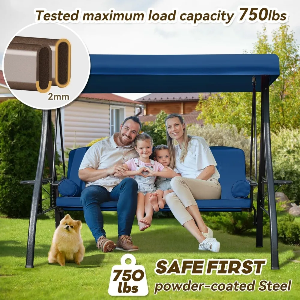 3 in 1 Outdoor Porch Swing with Adjustable Canopy, 3 Seat Outdoor Swing for Adults, Patio Swing Chair with Thickened Cushions 2