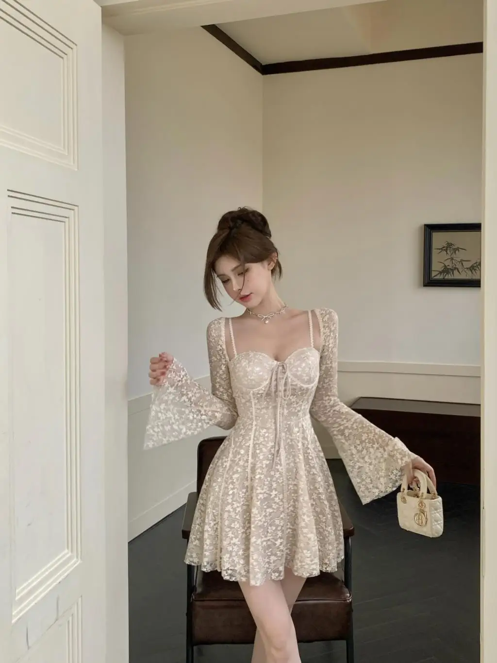 Sexy Lace Mini Dresses for Women Flare Sleeve Square Collar Corset Slim A-line Wedding Birthday Party Dress Y2K Prom Vestidos