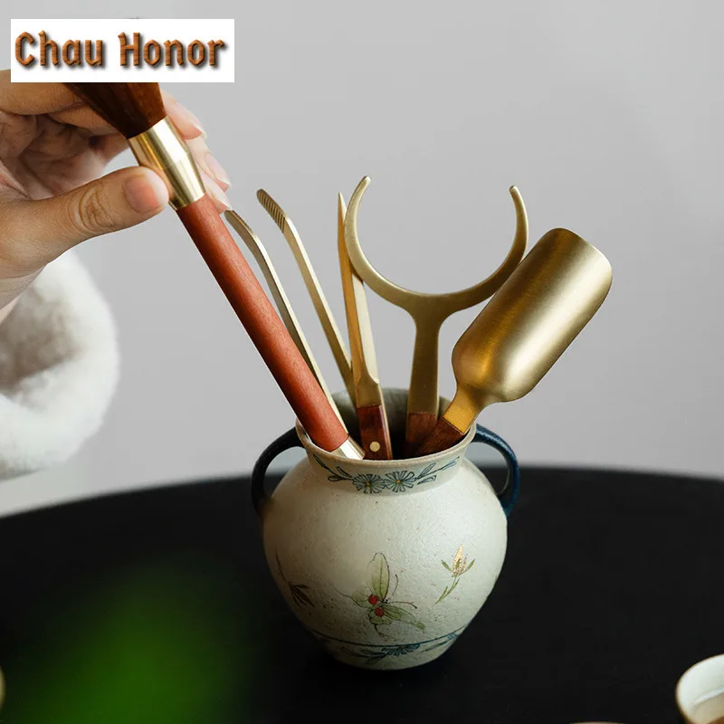 Blue And White Flint Red Tea Six Gentlemen Elegant Gold Drawing Butterfly Orchid Tea Tool Set Teaware Utensils Teaware Ornaments