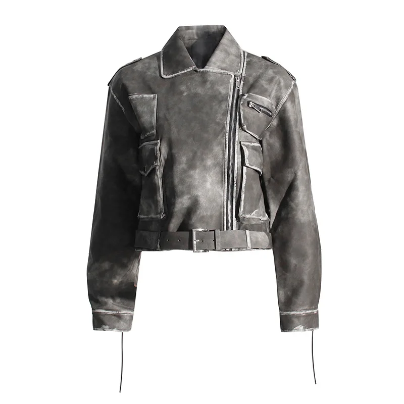 

SuperAen Korean Design Women's Short Washed Leather Clothes 2023 New Asymmetric Zipper Street Style Jacket Women