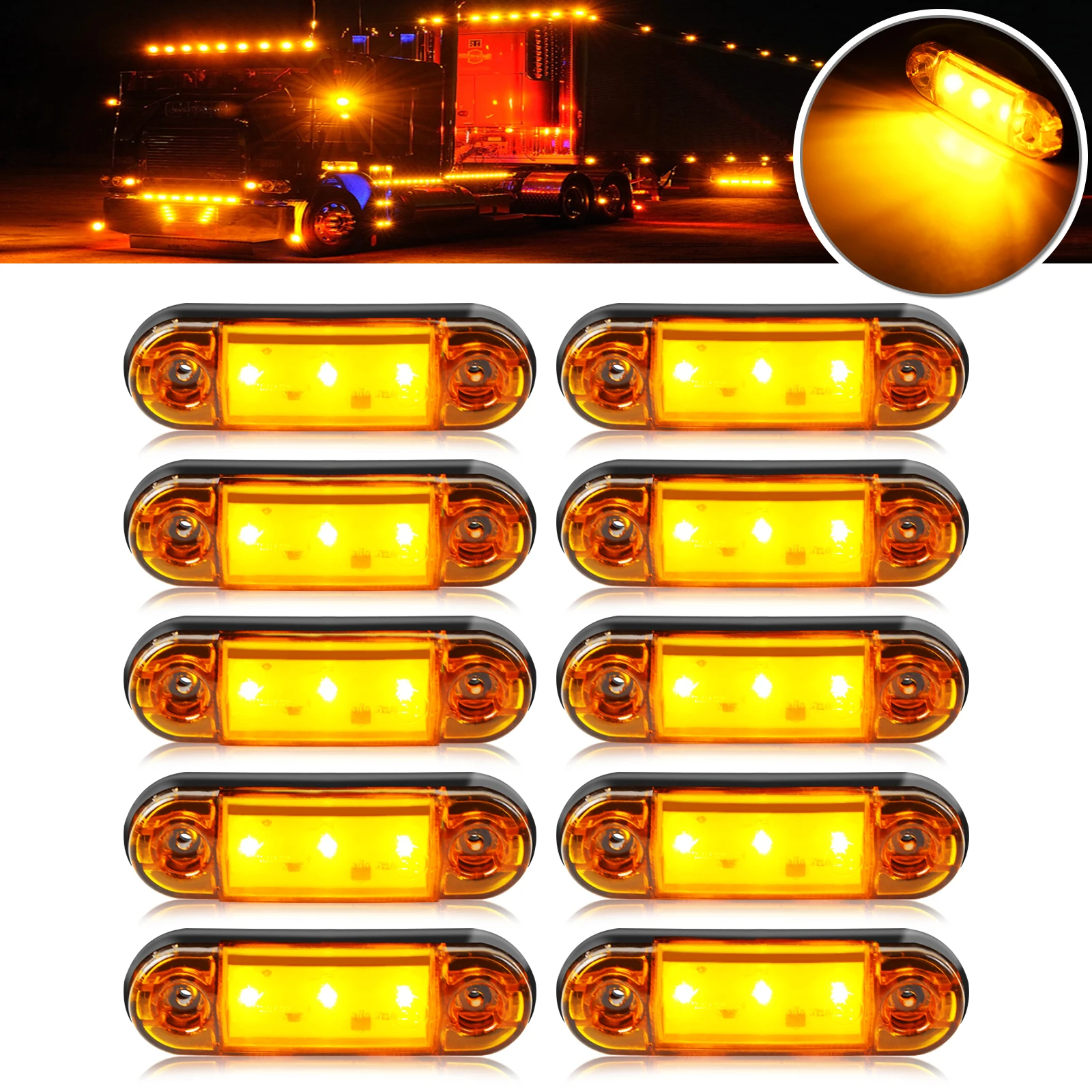 Jeu De 6 Feux De Gabarit Latéraux Ovale 12-24V Orange 4 LED Pour Camion