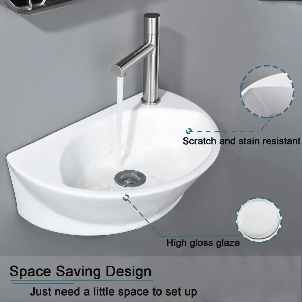 Ceramic Small Wall Mount Bathroom Sink High Gloss Glaze Mini Floating Bath Basin Hung Rv Bathroom Easy Install Length16.5" 5