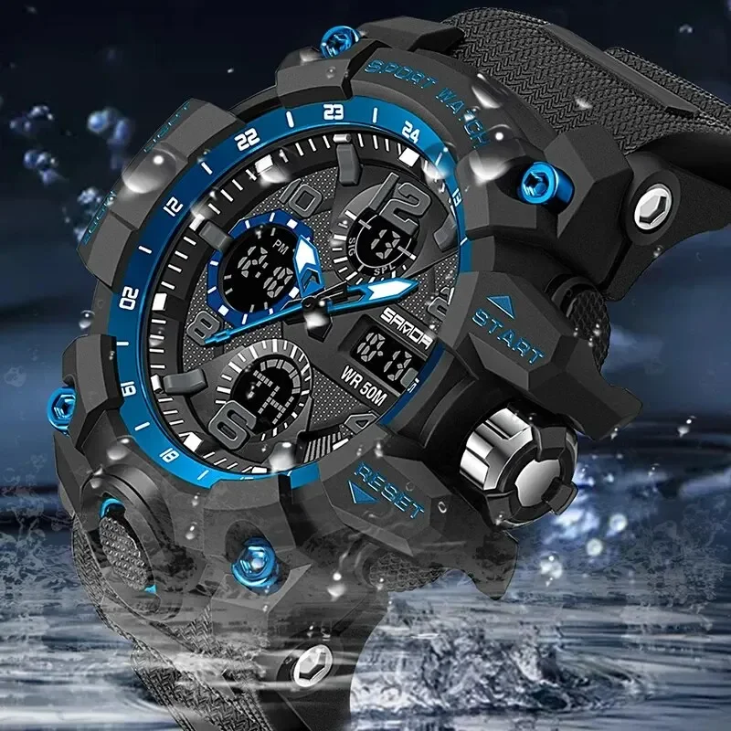 SANDA 6021 Sport Watch for Men Waterproof LED Dual Display Quartz Wristwatch Mens Digital Clock Military Stopwatch Reloj Hombre 4