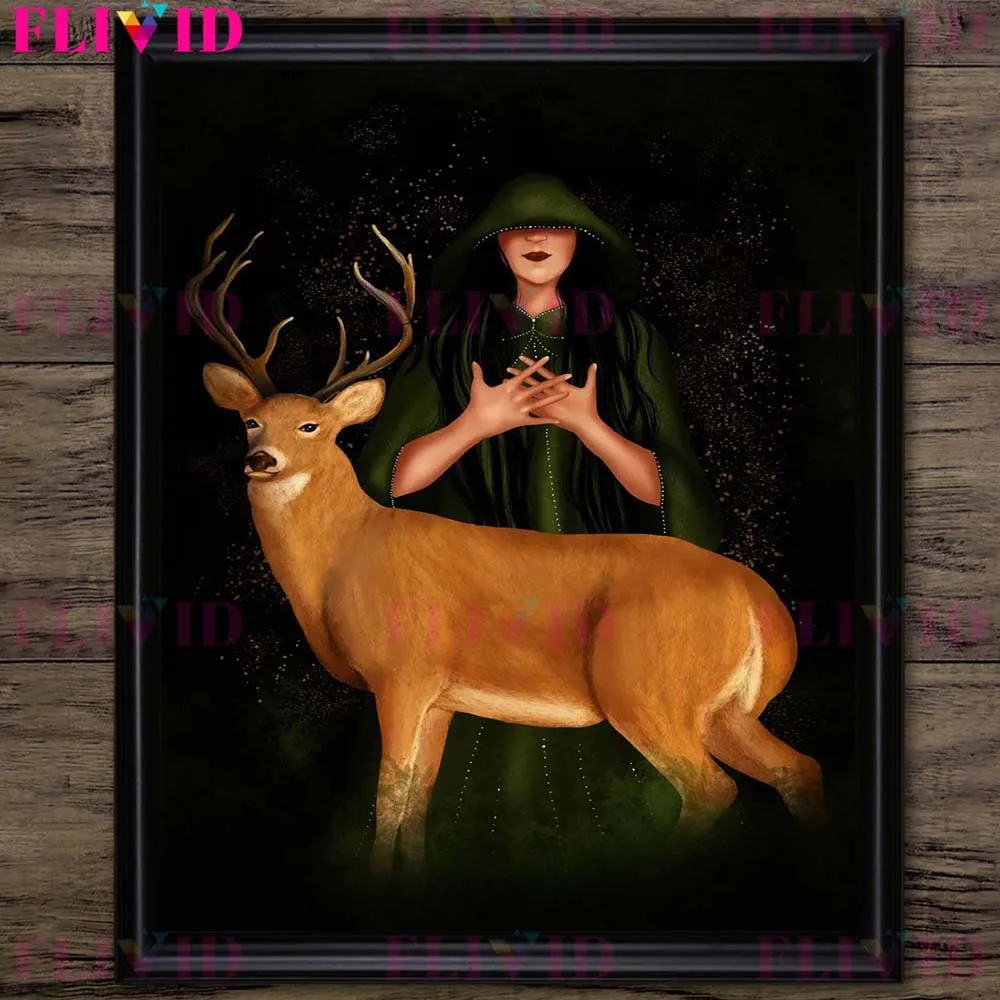 Description Picture 4 of itemMoon Moth,Phoenix,Snake,Panther With Seductive Long-Haired Witch Wall Art Canvas Print Nature Witchcraft Art Poster Print Decor