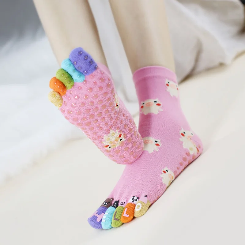 Full Toe Yoga Socks Women Korean Cute Cotton Cartoon Silicone Non-slip Pilates Crew Five Toes Socks