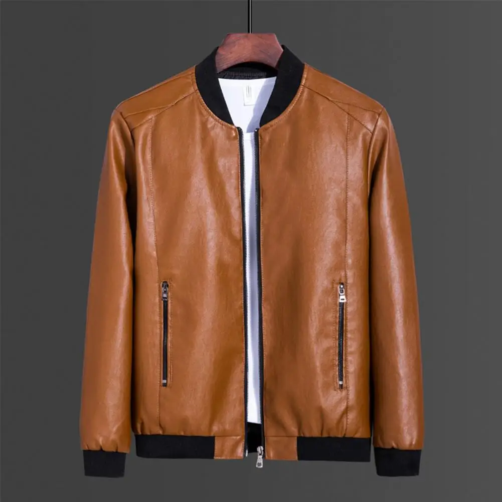 

Men Faux Leather Jacket Vintage Smooth Faux Leather Men's Winter Jacket Windproof Stand Collar Plus Size Long Sleeve Zipper