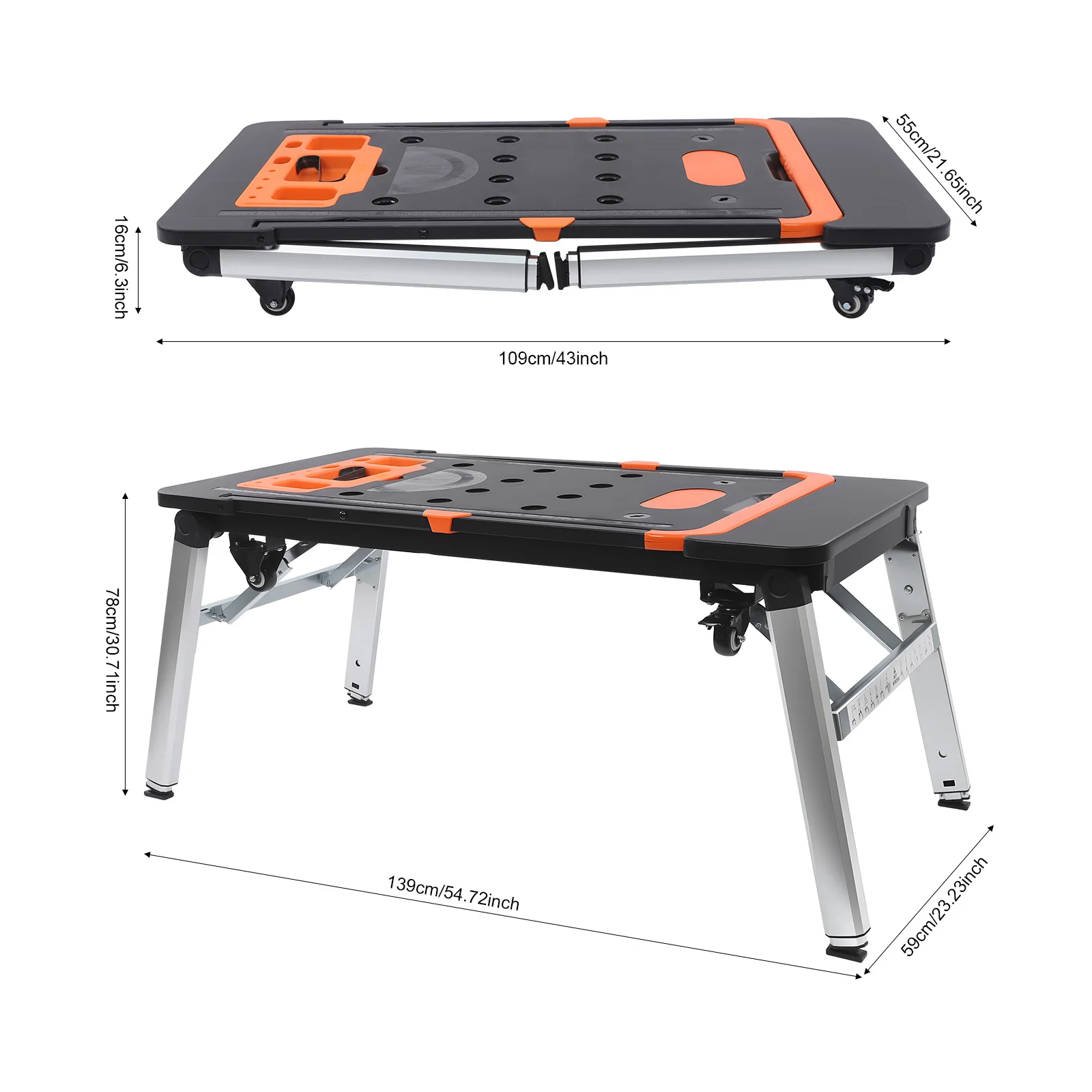 7-in-1 Multifunktionale Arbeitsplattform Werkbank Handwagen mit Höhenverstellung 52cm/78cm Klappbare Multifunktions-Werkbank
