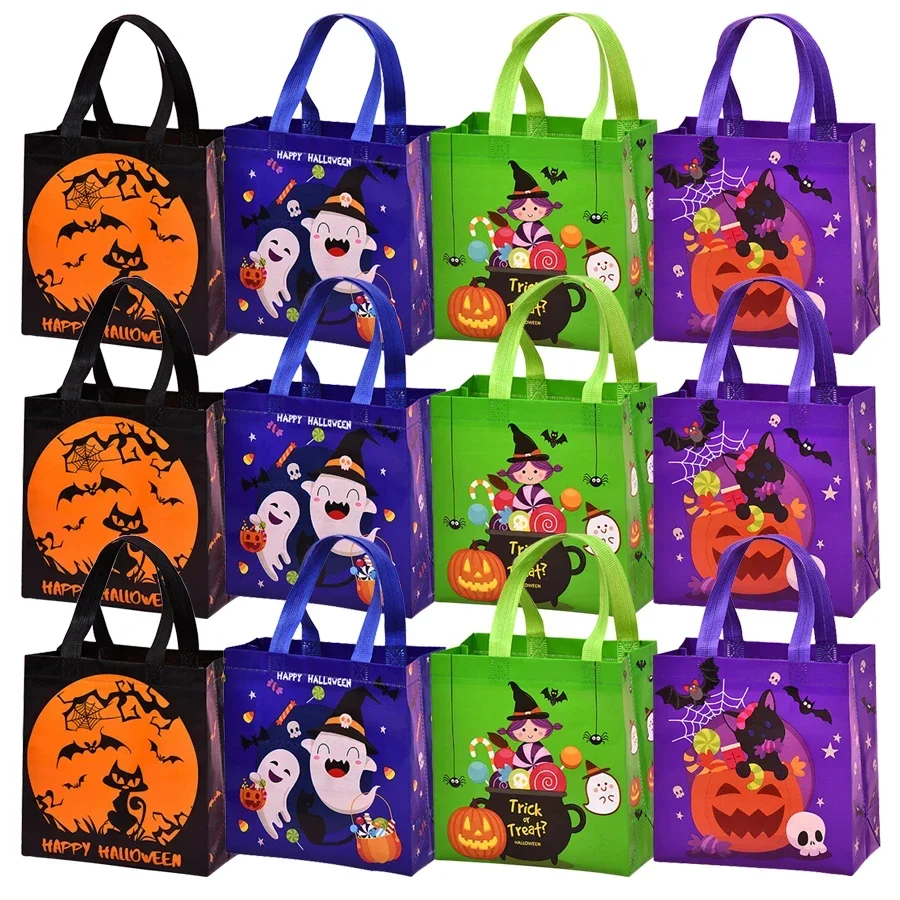 4 Stück Halloween-Themen-Vliesstoff-Geschenk-Einkaufstasche mit Griff, wiederverwendbare Kürbis-Fledermaus, kreative Süßes oder Saures-Goodie-Taschen – Detail 1